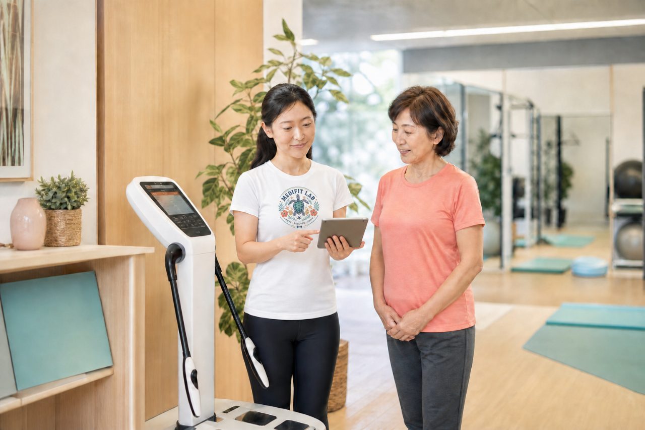 前橋市のトレーニングジム Medifit Lab で健康状態をスタッフに相談する女性