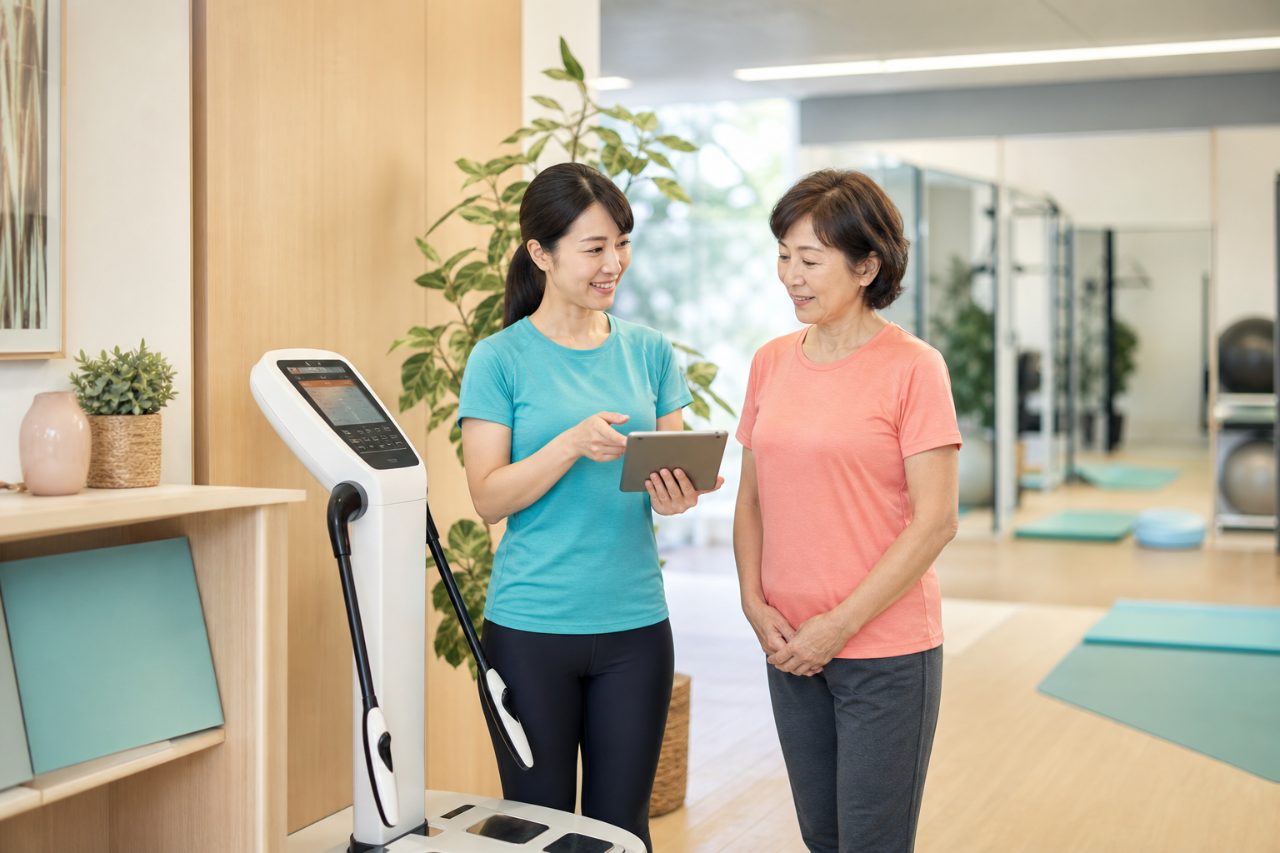 前橋市のトレーニングジム Medifit Lab で体組成測定の結果をスタッフと確認する様子