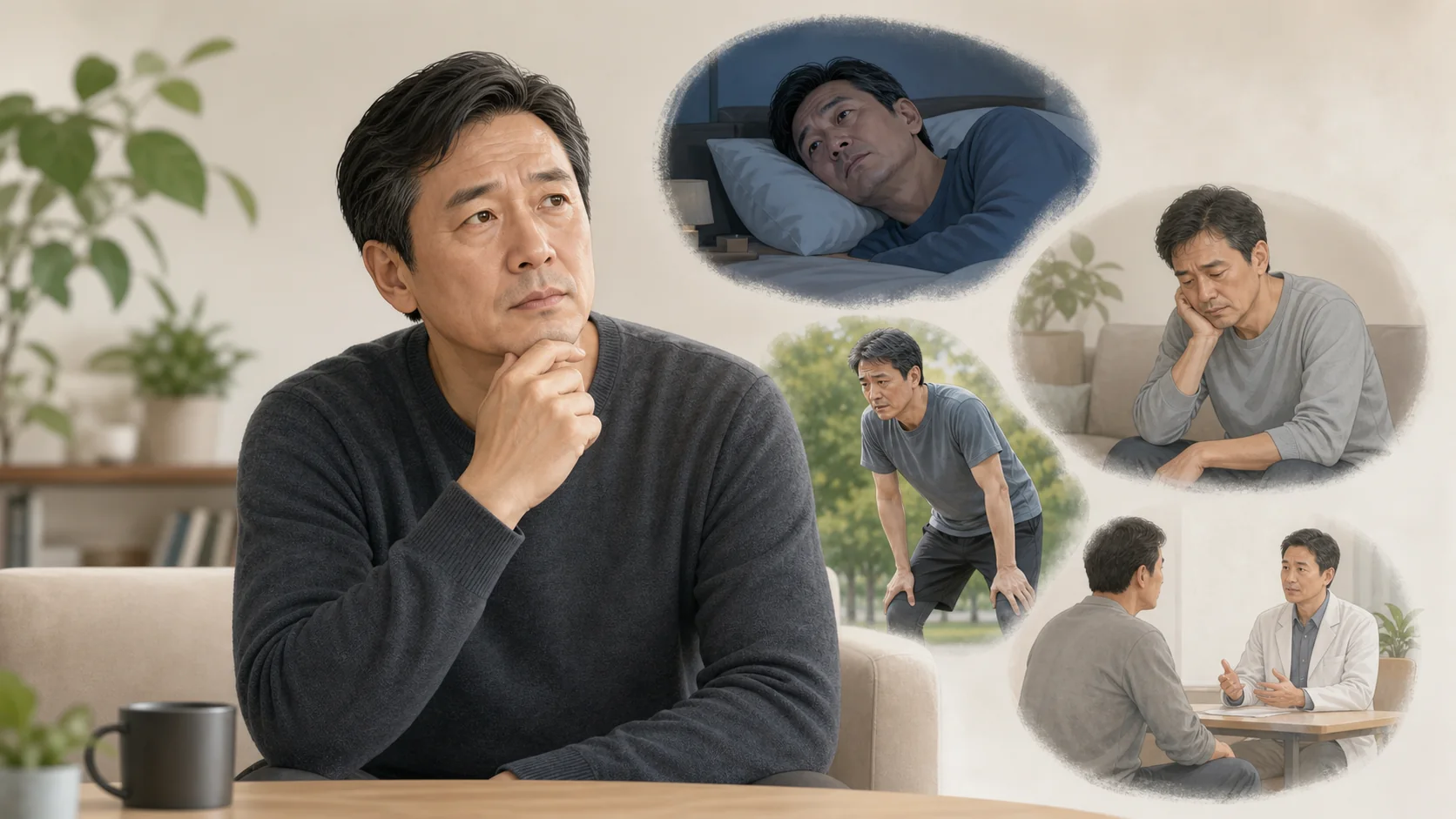 男性更年期で感じやすい変化を振り返る40〜50代男性のイメージ