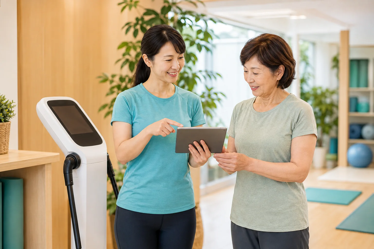 体組成計の結果をタブレットで確認するスタッフと女性会員