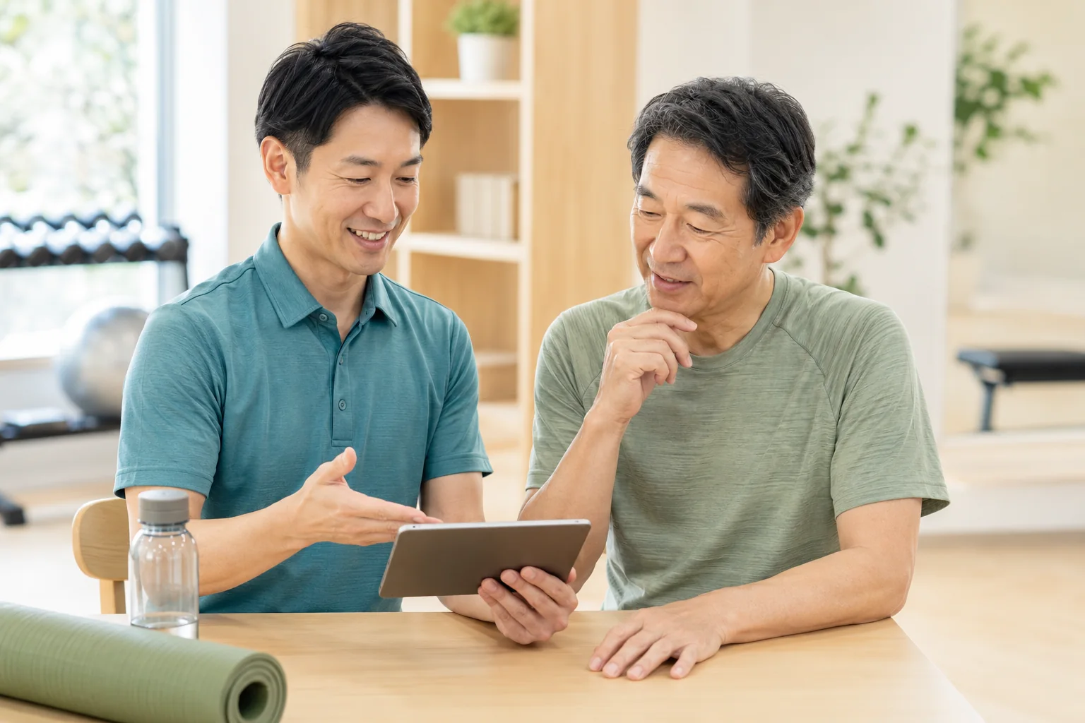 タブレットを見ながら健康相談をする男性スタッフと男性会員