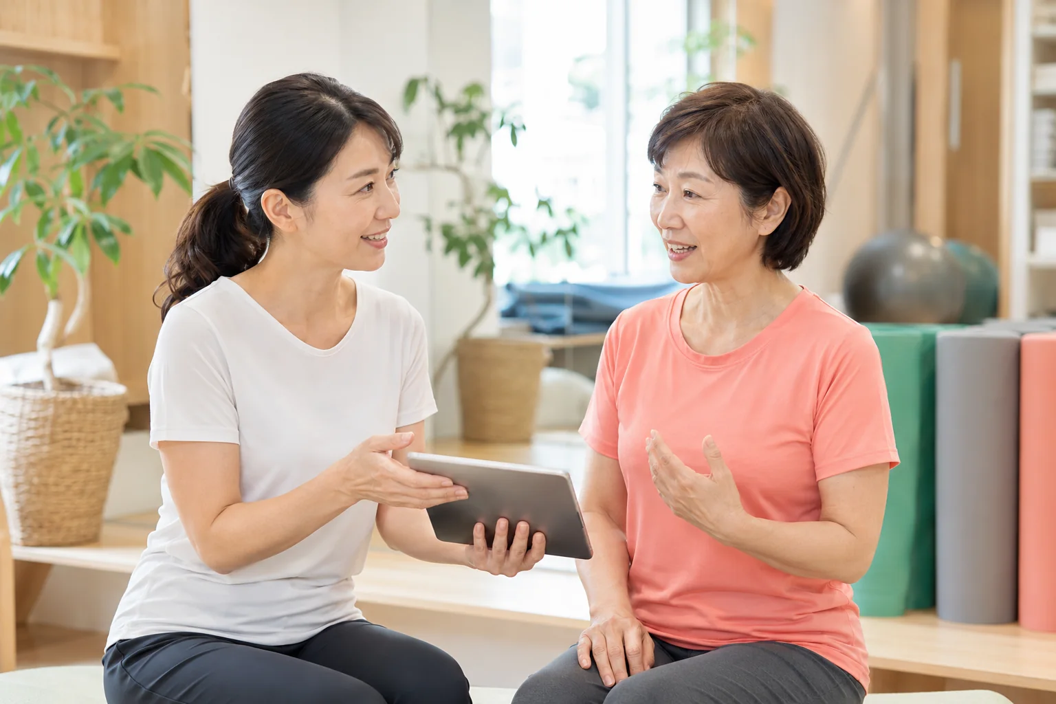 向かい合って健康相談をするスタッフと女性会員