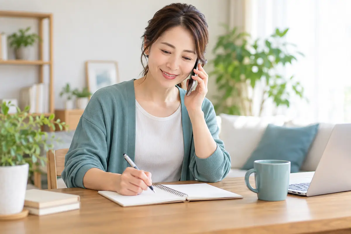 ジム体験の予約前に電話で質問しながらノートへメモする女性のイメージ