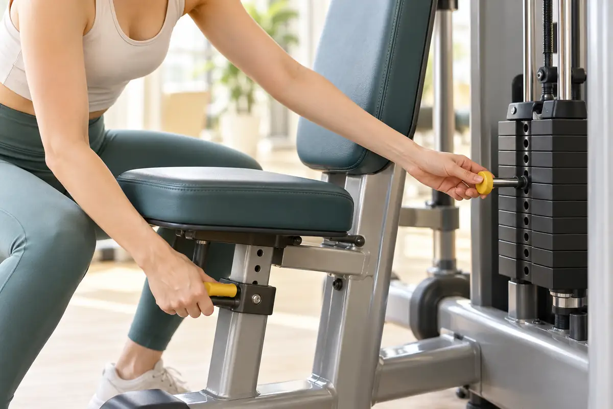 ジムマシンの座席と重りのピンを使用前に調整するイメージ