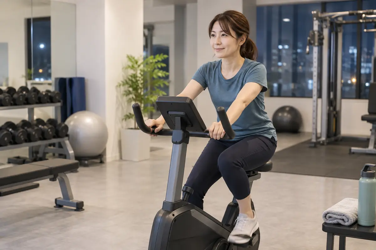仕事帰りに短時間でエアロバイクへ取り組む様子