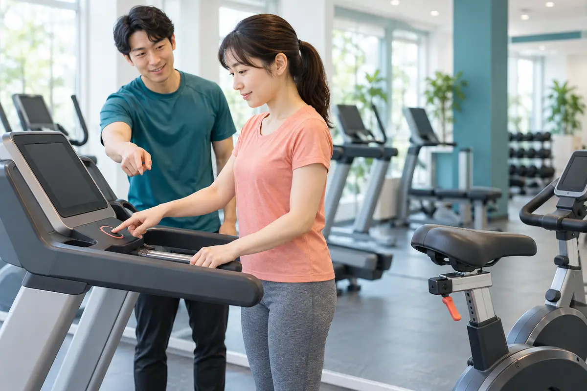 有酸素マシンの操作を一つずつ確認する初心者のイメージ