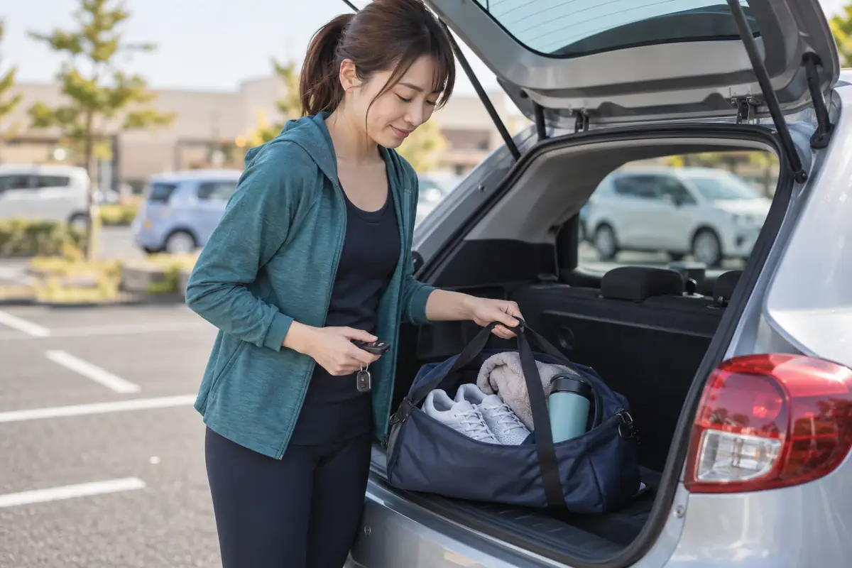 車でジムへ行く前に運動靴とタオル、飲み物の入ったバッグを確認する女性