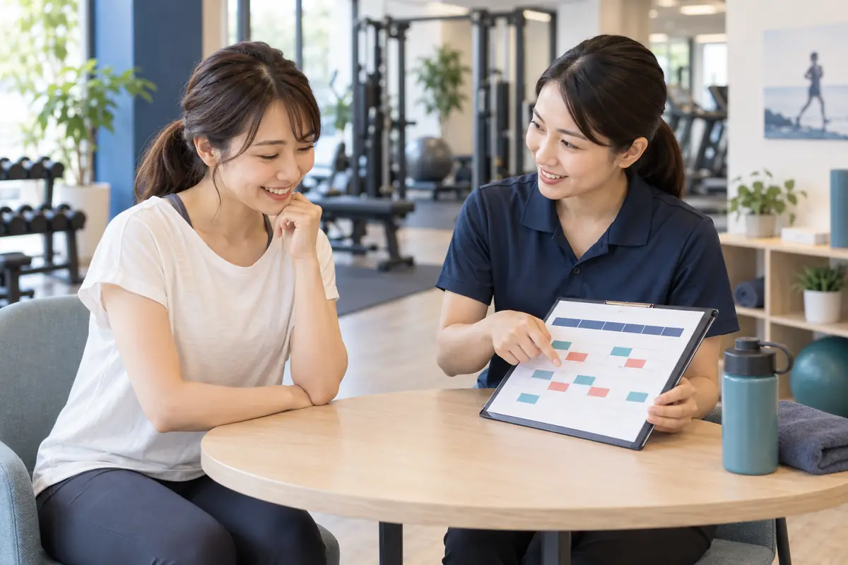 前橋でジム初心者がスタッフに30分と60分の使い分けを相談する場面