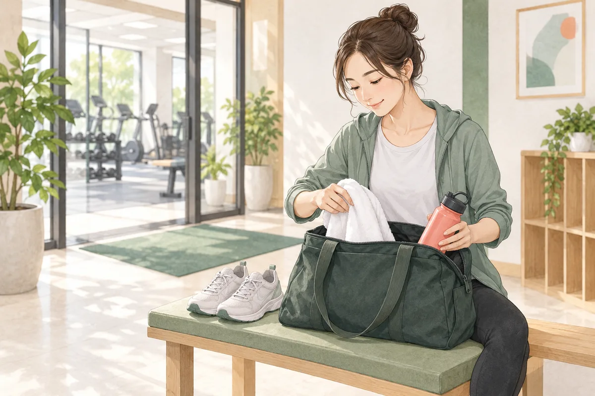 初めてジムへ行く前にシューズ・タオル・飲み物を準備する女性のイラスト