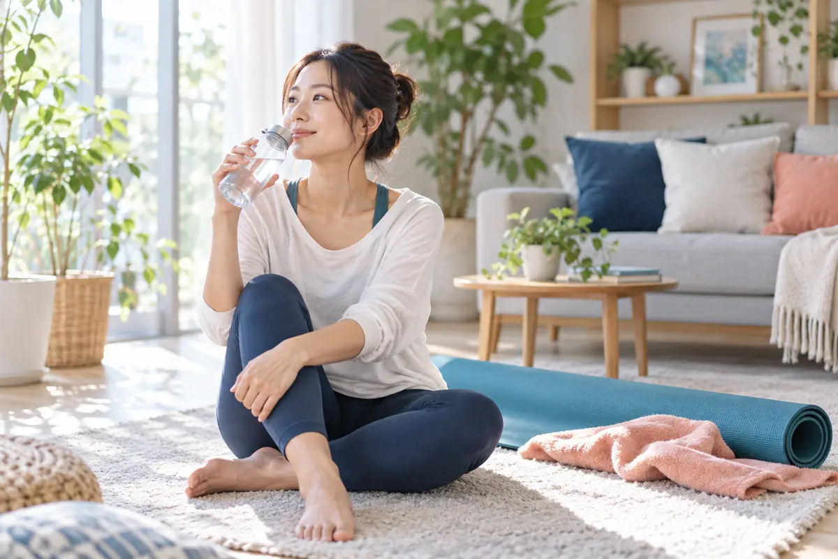 休息日に自宅で体調を確認しながら穏やかに過ごす女性