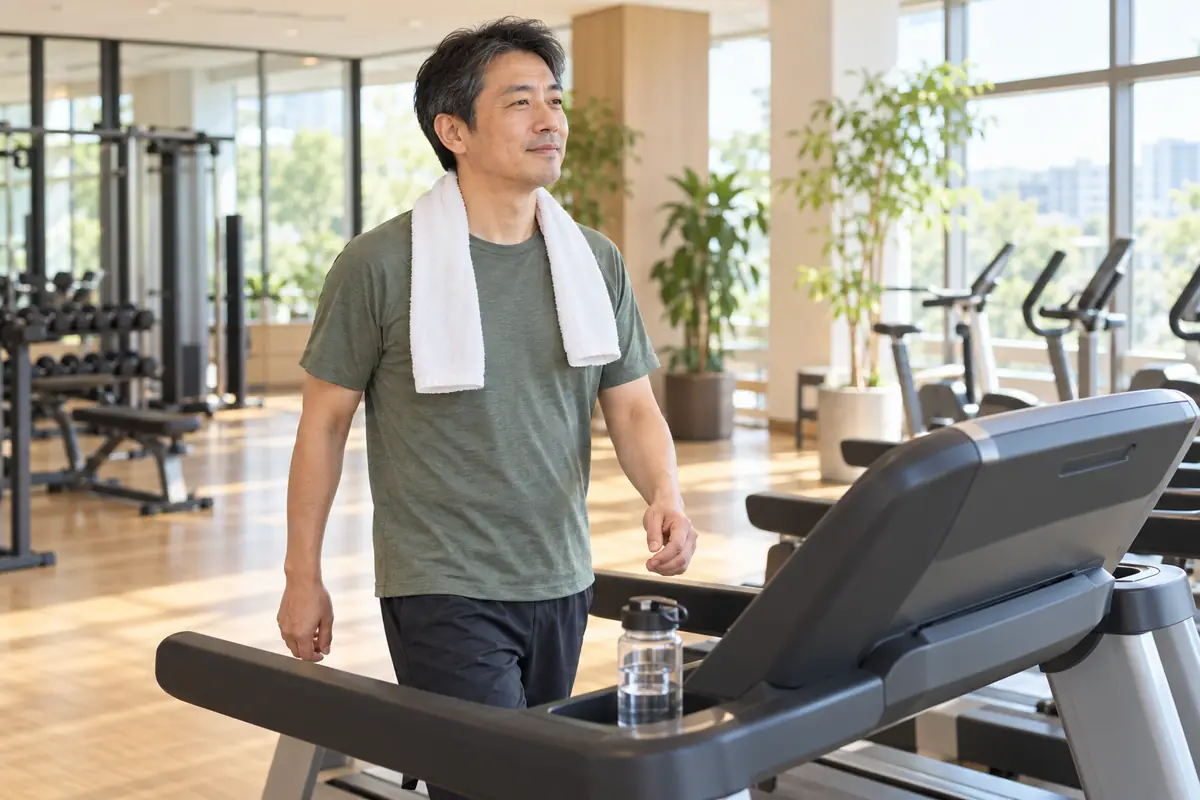 ジム初心者が軽い準備運動と体調確認をしているイメージ