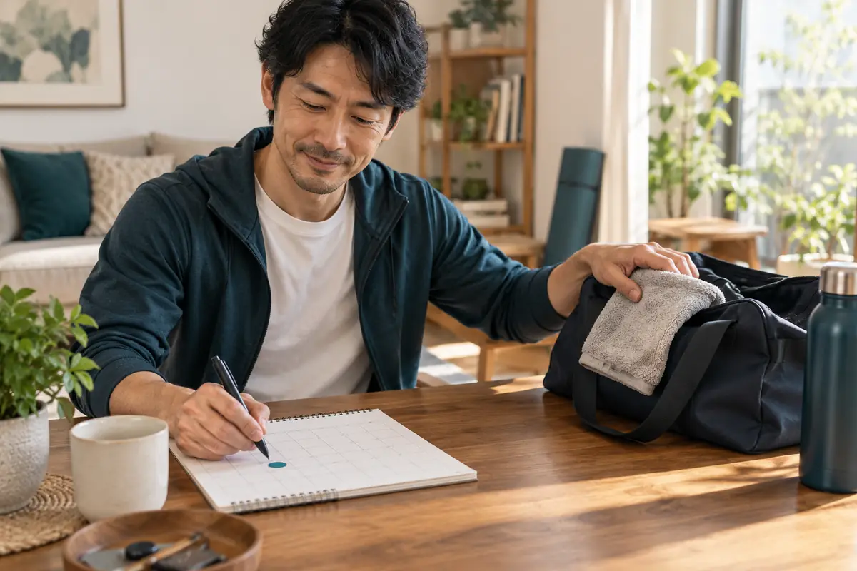 続けられる回数を一つだけ予定表に入れてジムバッグを準備する様子