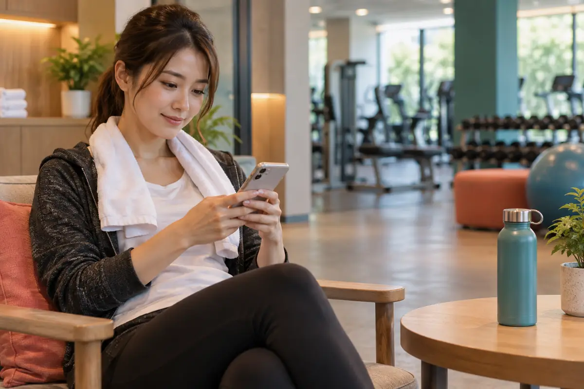 トレーニングマシンから離れた休憩場所でスマートフォンを確認する女性