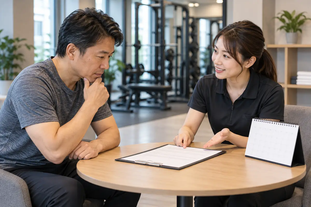 ジム見学で料金と契約条件をスタッフへ確認するイメージ