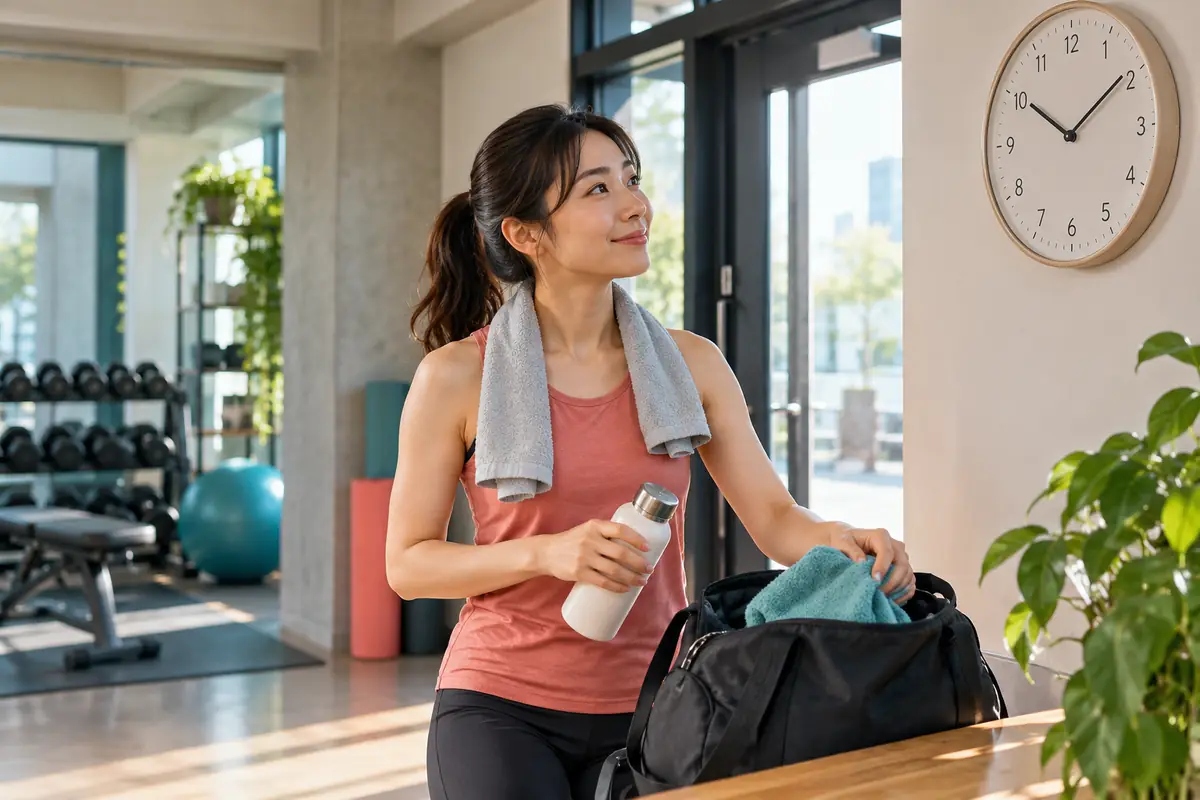 時計を見ながら短時間の運動を終える初心者のイメージ