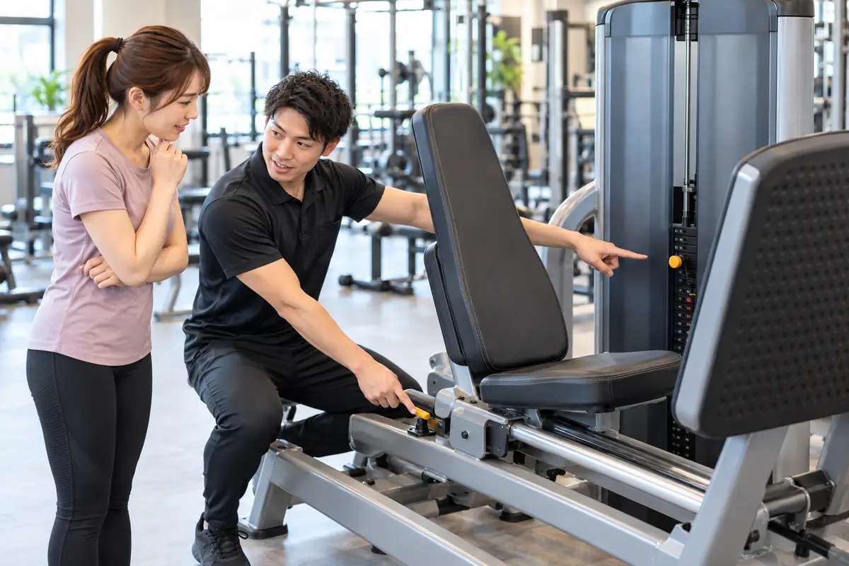 レッグプレスの座席と重さをスタッフへ相談する初心者のイメージ