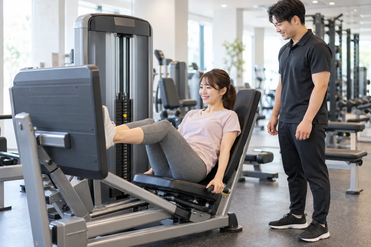 軽い負荷でレッグプレスの動きをスタッフと確認する初心者のイメージ