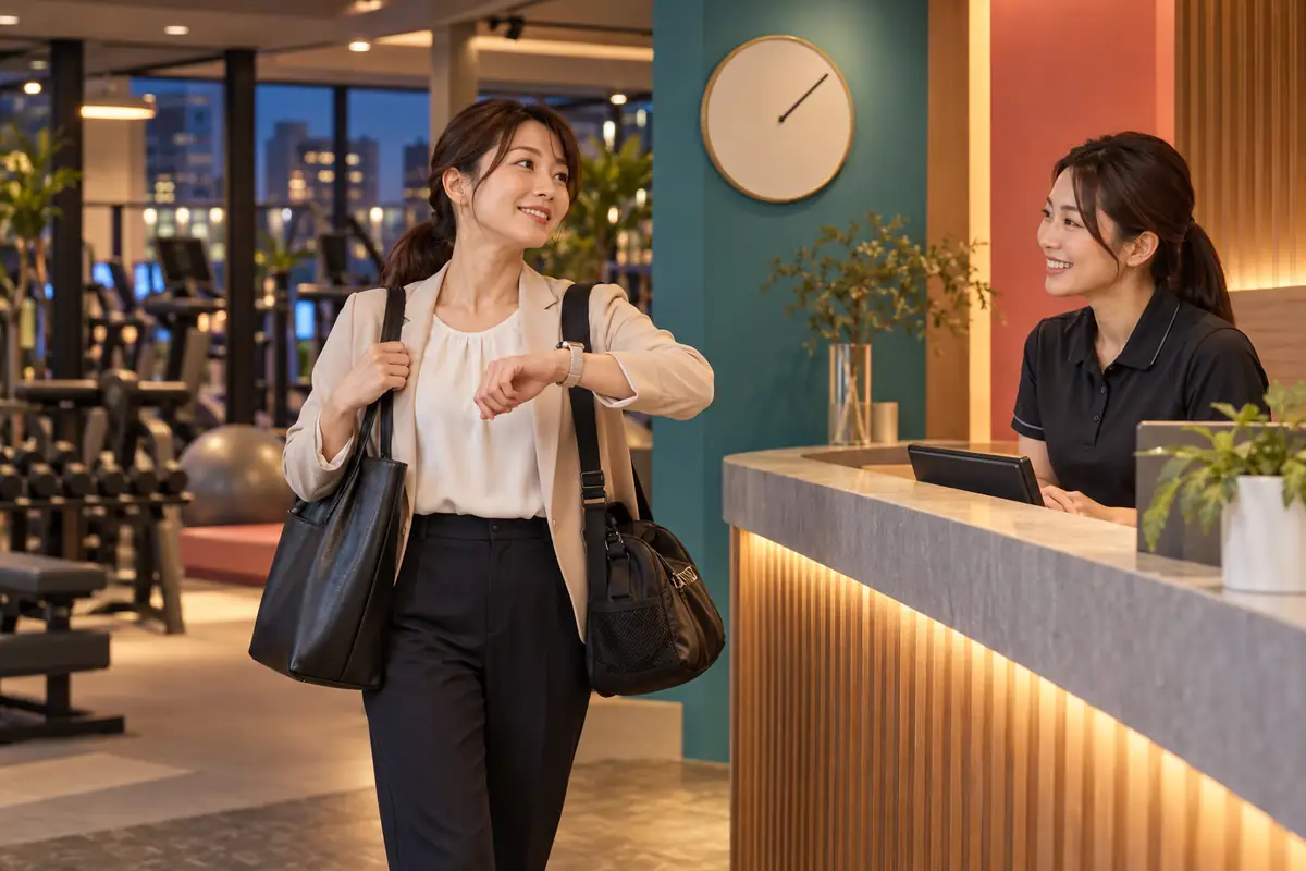仕事帰りの時間帯にジムの受付でスタッフ対応を確認する女性のイメージ